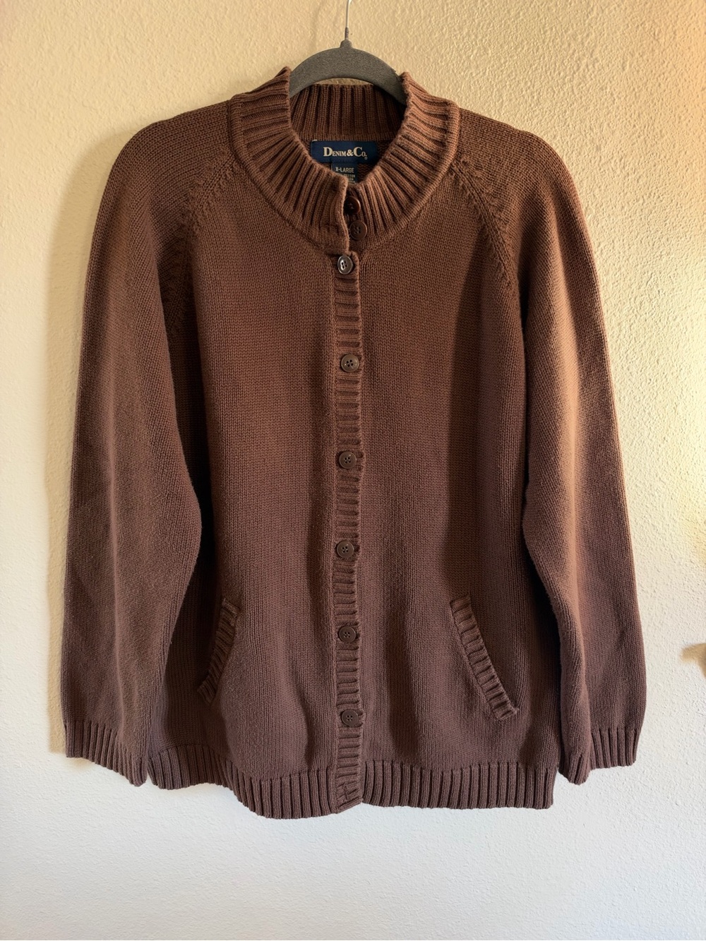 Vintage Denim & Co Chunky Chocolate Brown Sweater Cardigan Womens Size XL